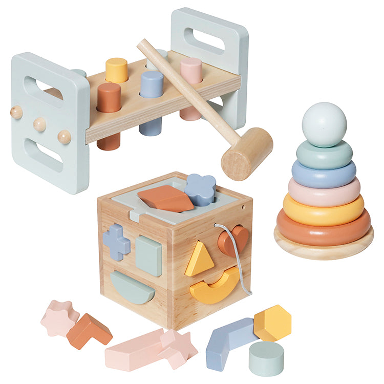 Set Montessori 3 en 1: Cubo de Formas, Apilador Arcoíris y Banco de Martillo W12D757